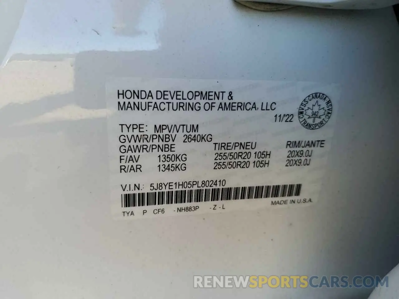 14 fotografías del automóvil dañado 5J8YE1H05PL802410 ACURA MDX 2023
