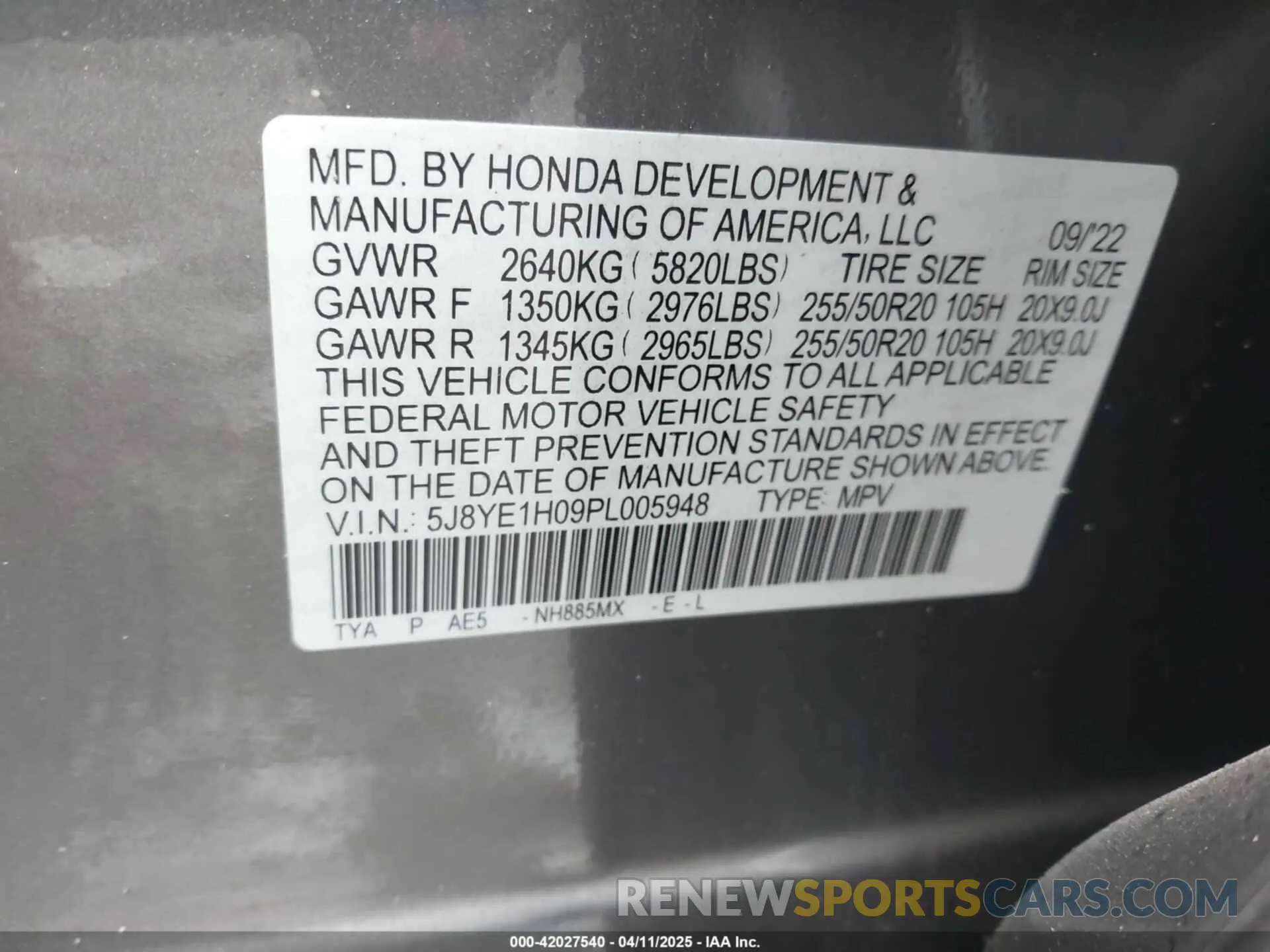 9 fotografías del automóvil dañado 5J8YE1H09PL005948 ACURA MDX 2023