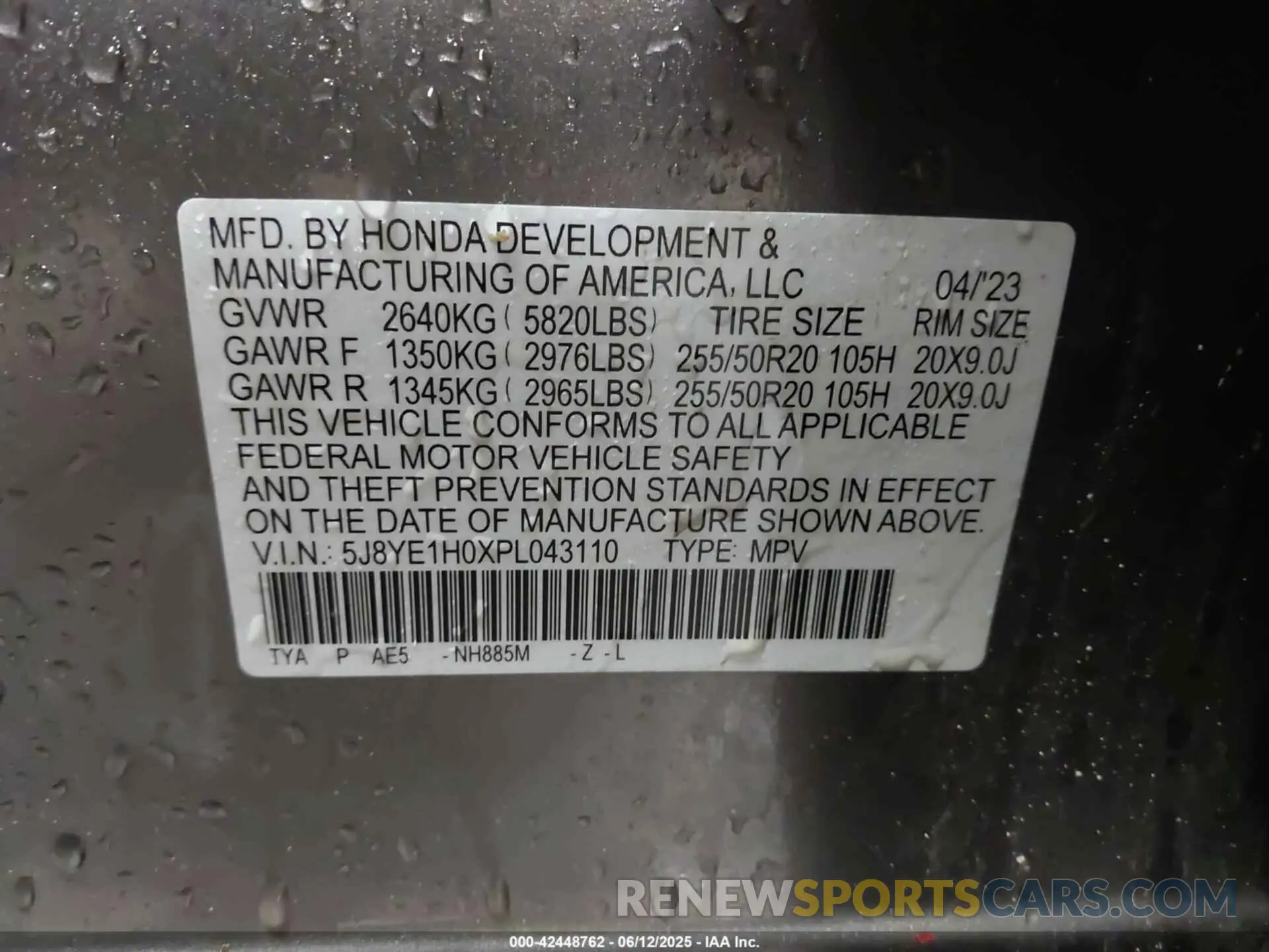 9 fotografías del automóvil dañado 5J8YE1H0XPL043110 ACURA MDX 2023