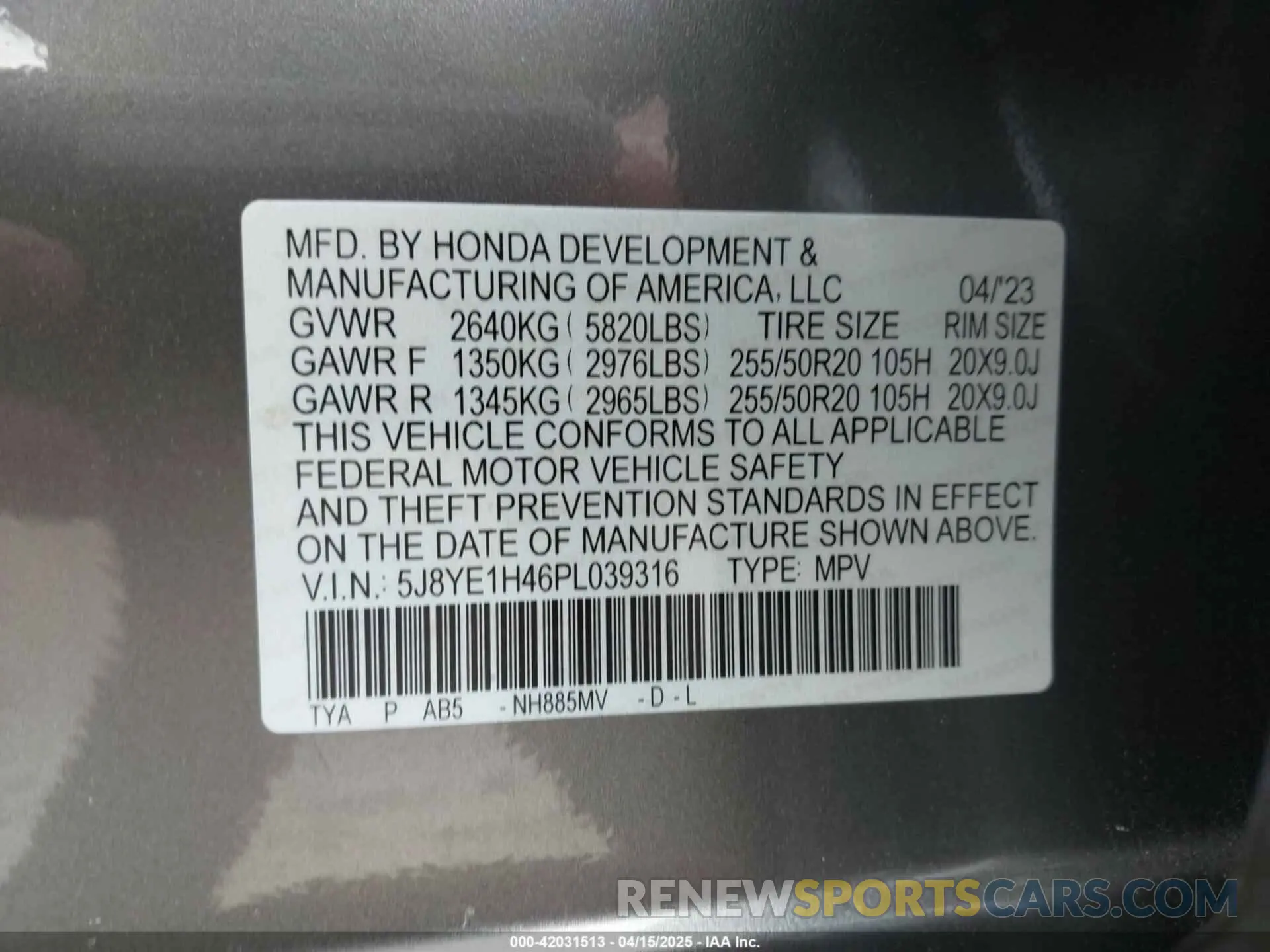 9 fotografías del automóvil dañado 5J8YE1H46PL039316 ACURA MDX 2023