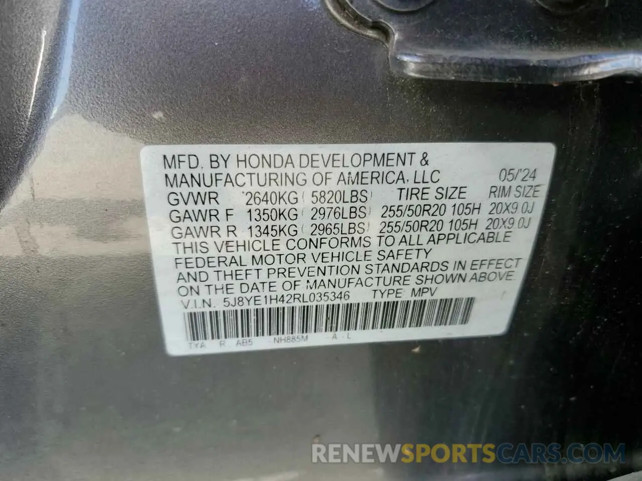 14 fotografías del automóvil dañado 5J8YE1H42RL035346 ACURA MDX 2024