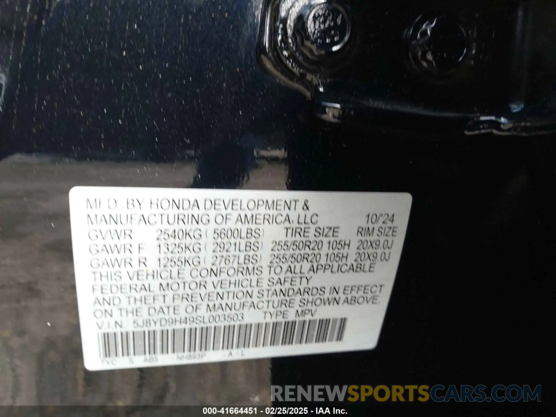 9 fotografías del automóvil dañado 5J8YD9H49SL003503 ACURA MDX 2025