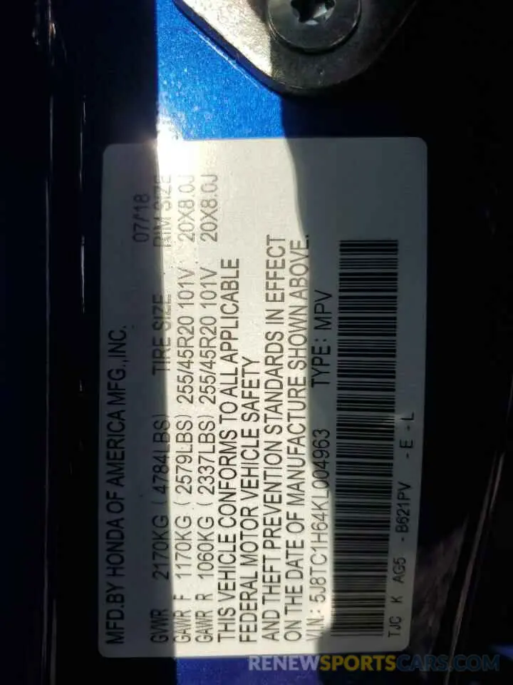 15 fotografías del automóvil dañado 5J8TC1H64KL004963 ACURA RDX 2019