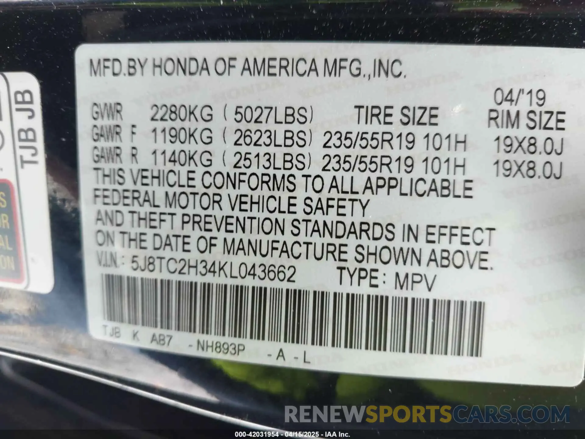9 fotografías del automóvil dañado 5J8TC2H34KL043662 ACURA RDX 2019