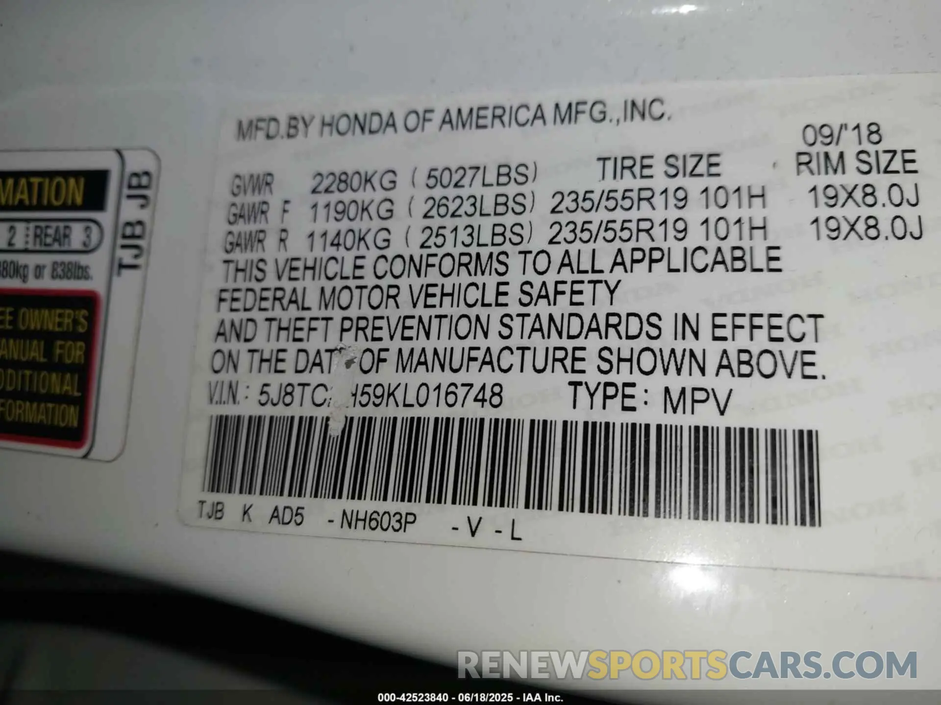 9 fotografías del automóvil dañado 5J8TC2H59KL016748 ACURA RDX 2019