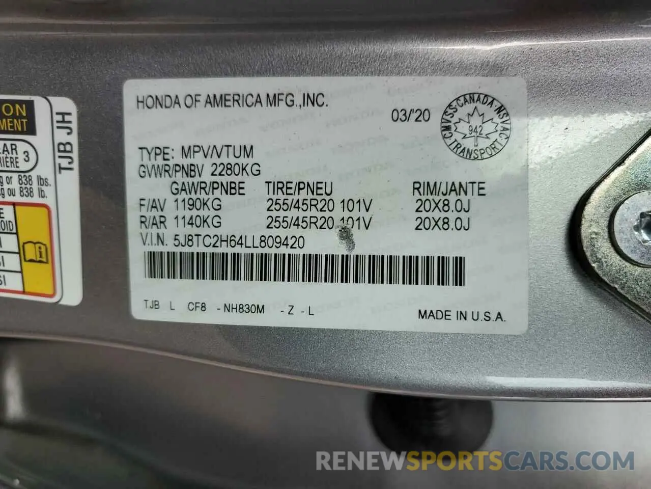 13 fotografías del automóvil dañado 5J8TC2H64LL809420 ACURA RDX 2020