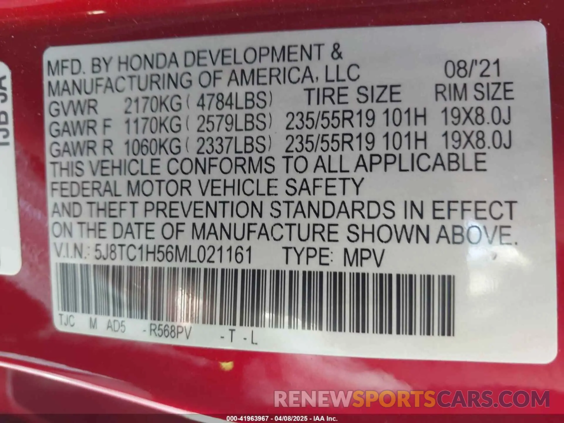 9 fotografías del automóvil dañado 5J8TC1H56ML021161 ACURA RDX 2021