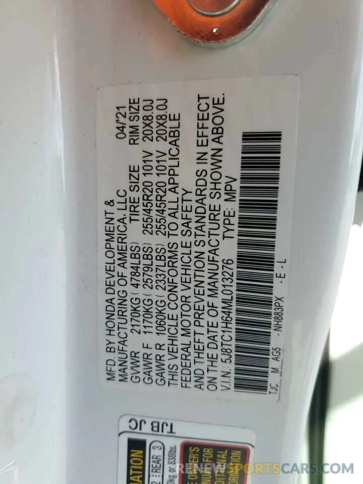 12 fotografías del automóvil dañado 5J8TC1H64ML013276 ACURA RDX 2021
