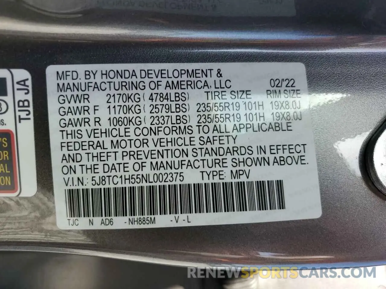 14 fotografías del automóvil dañado 5J8TC1H55NL002375 ACURA RDX 2022