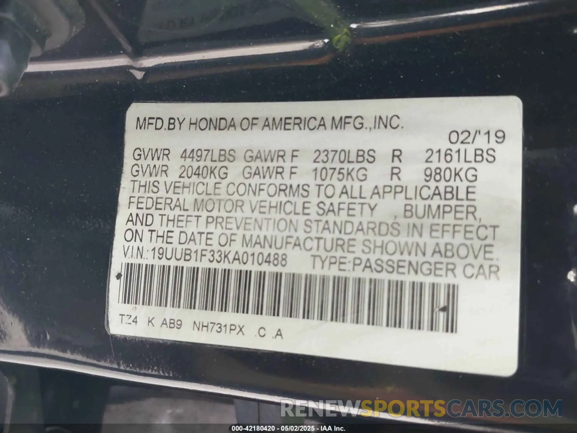 9 fotografías del automóvil dañado 19UUB1F33KA010488 ACURA TLX 2019
