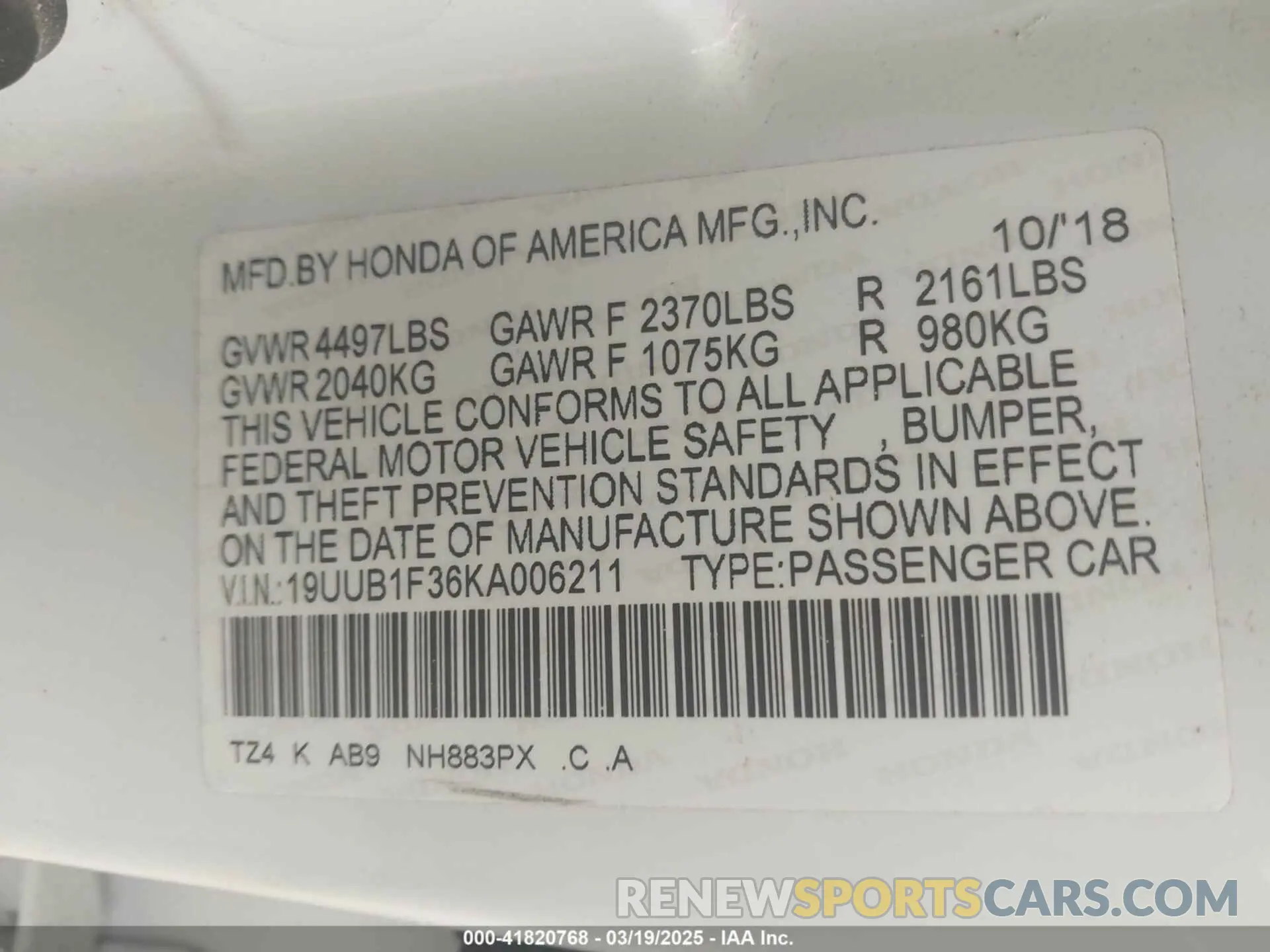 9 fotografías del automóvil dañado 19UUB1F36KA006211 ACURA TLX 2019