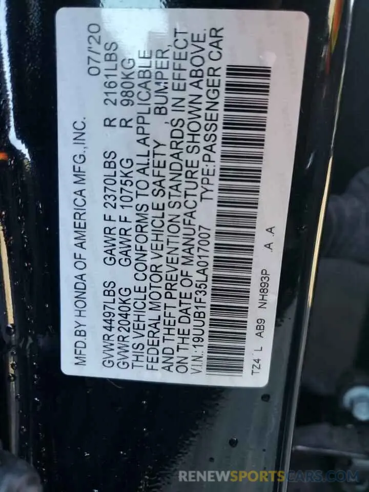 12 fotografías del automóvil dañado 19UUB1F35LA017007 ACURA TLX 2020