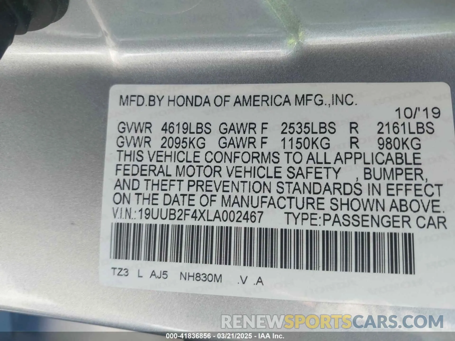 9 fotografías del automóvil dañado 19UUB2F4XLA002467 ACURA TLX 2020