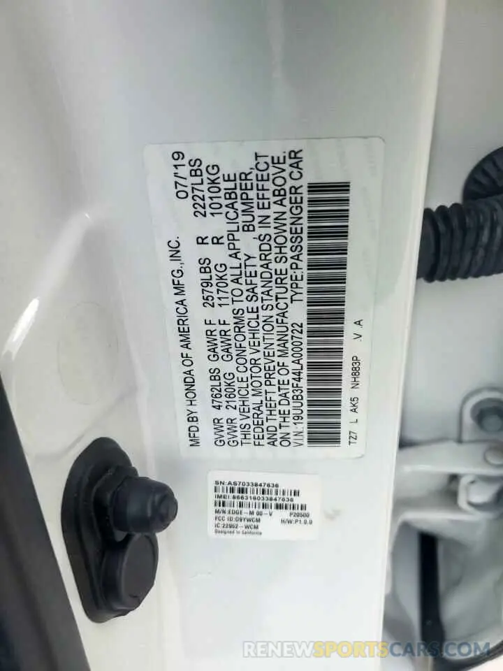 12 fotografías del automóvil dañado 19UUB3F44LA000722 ACURA TLX 2020