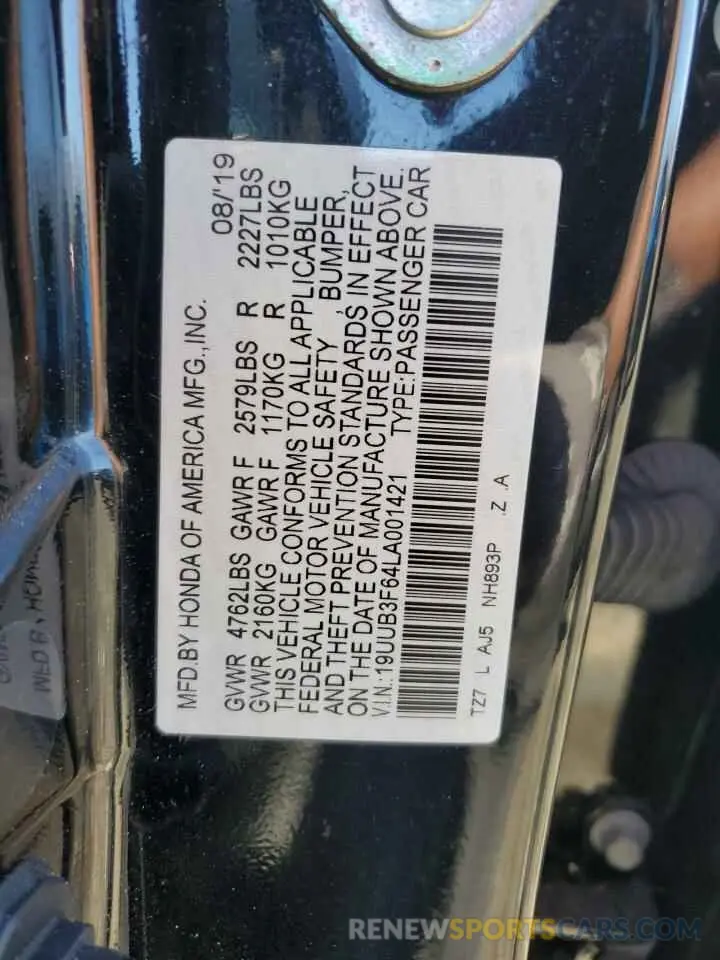 14 fotografías del automóvil dañado 19UUB3F64LA001421 ACURA TLX 2020