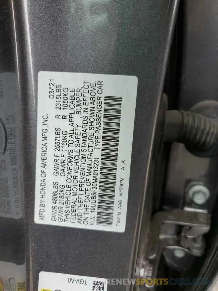12 fotografías del automóvil dañado 19UUB5F30MA013231 ACURA TLX 2021