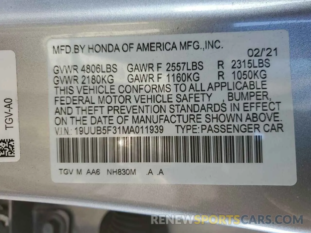 12 fotografías del automóvil dañado 19UUB5F31MA011939 ACURA TLX 2021