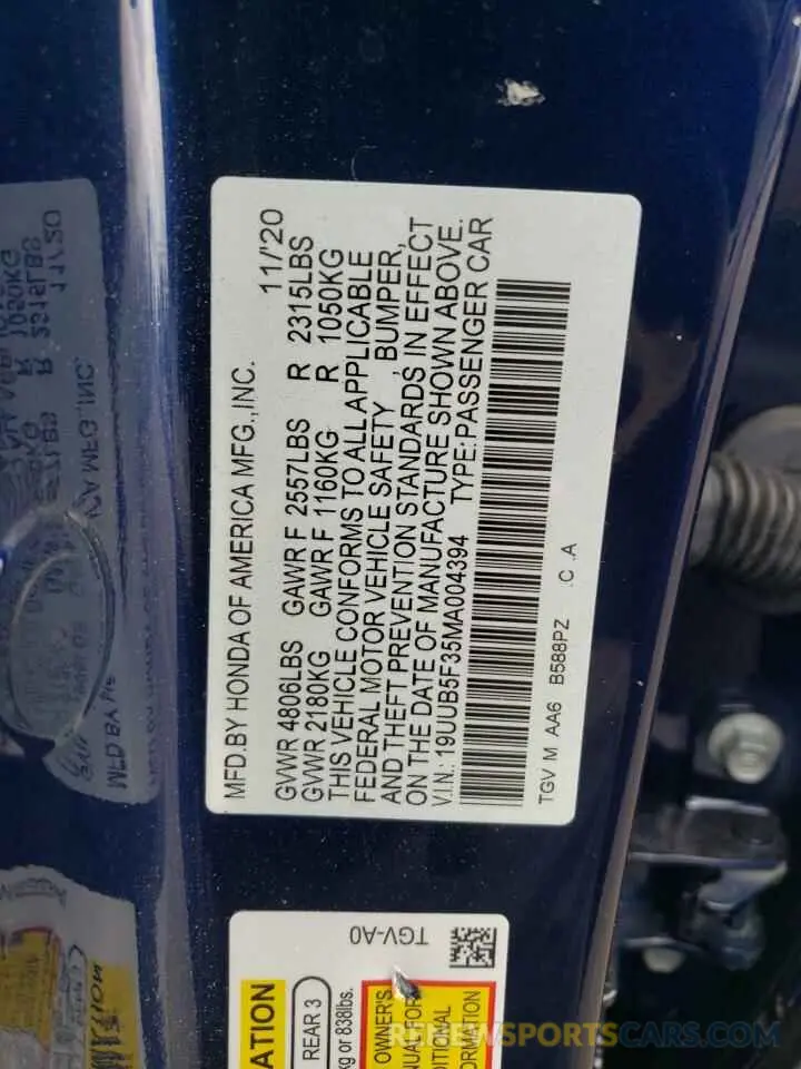 12 fotografías del automóvil dañado 19UUB5F35MA004394 ACURA TLX 2021
