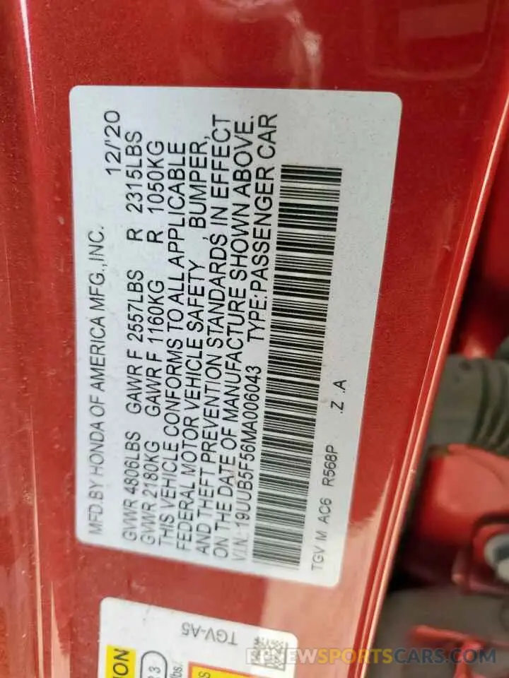12 fotografías del automóvil dañado 19UUB5F56MA006043 ACURA TLX 2021