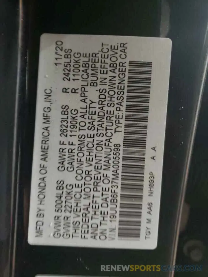 12 fotografías del automóvil dañado 19UUB6F37MA005598 ACURA TLX 2021