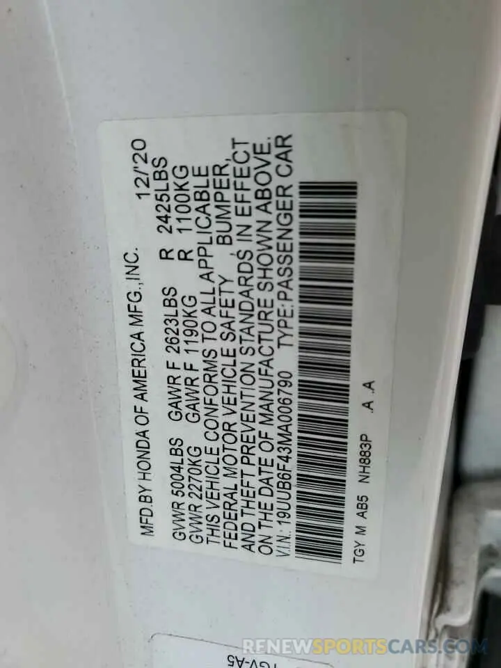 12 fotografías del automóvil dañado 19UUB6F43MA006790 ACURA TLX 2021