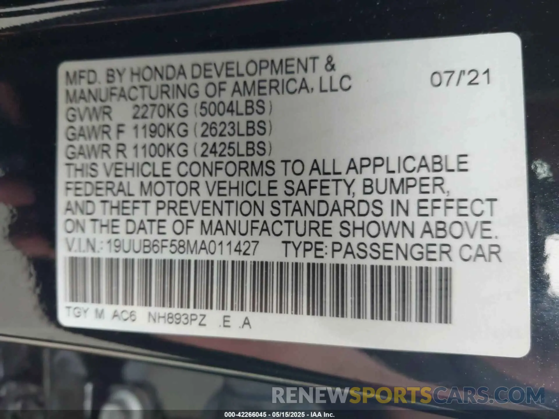 9 fotografías del automóvil dañado 19UUB6F58MA011427 ACURA TLX 2021