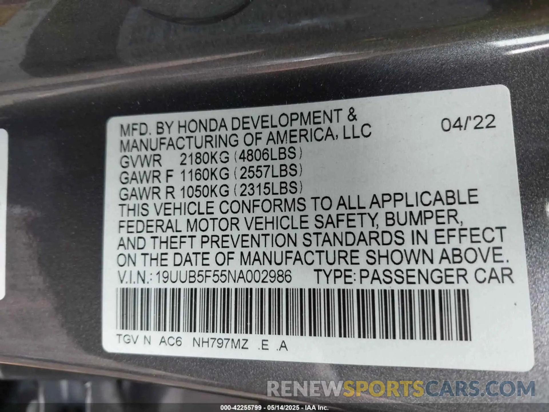 9 fotografías del automóvil dañado 19UUB5F55NA002986 ACURA TLX 2022