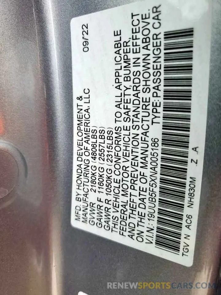 12 fotografías del automóvil dañado 19UUB5F5XNA005186 ACURA TLX 2022