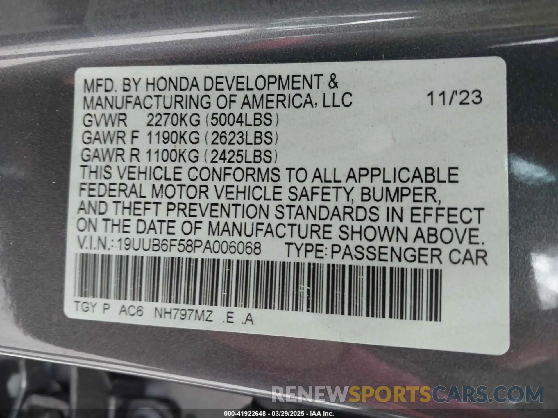 9 fotografías del automóvil dañado 19UUB6F58PA006068 ACURA TLX 2023