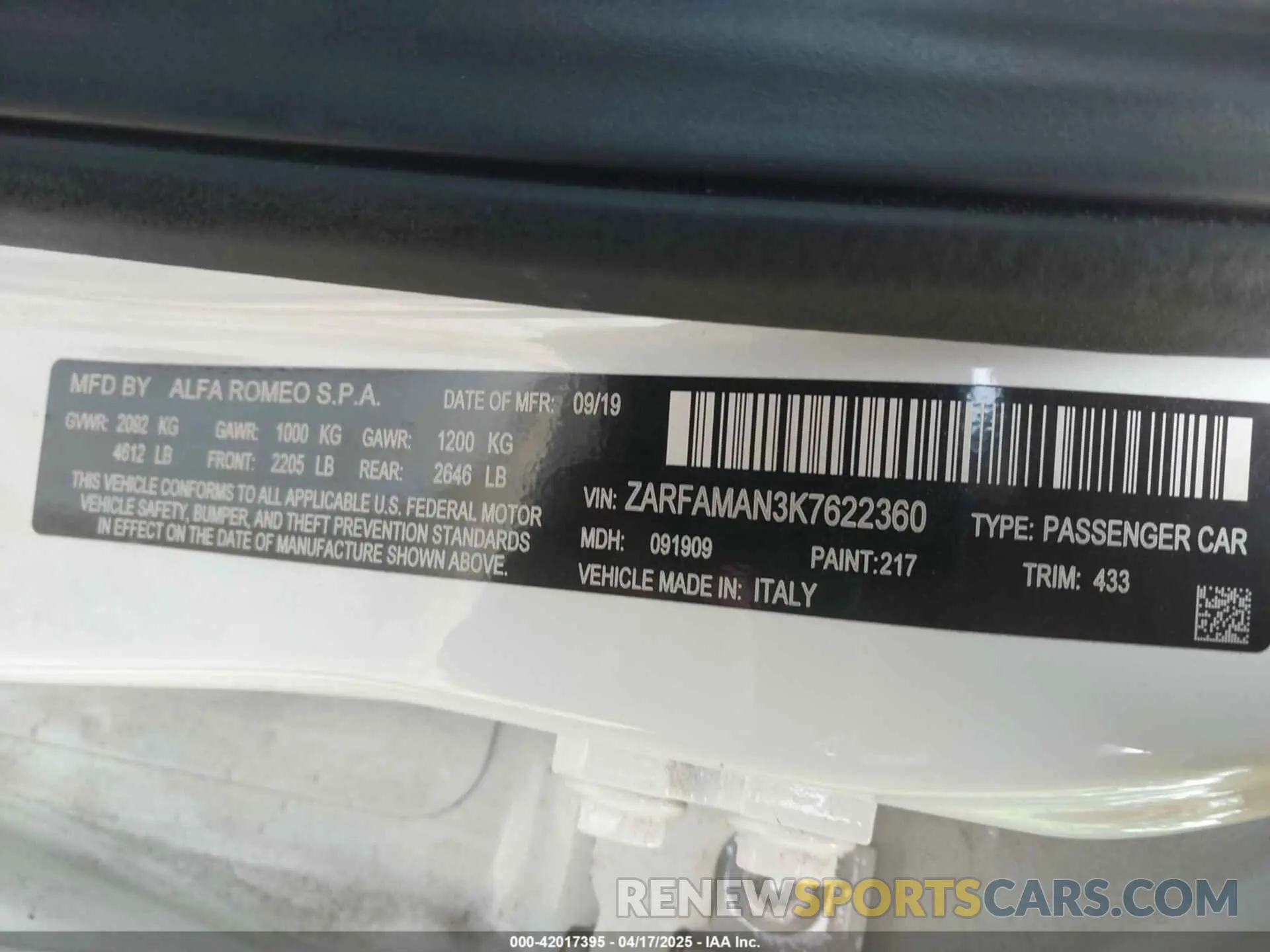 9 fotografías del automóvil dañado ZARFAMAN3K7622360 ALFA ROMEO GIULIA 2019