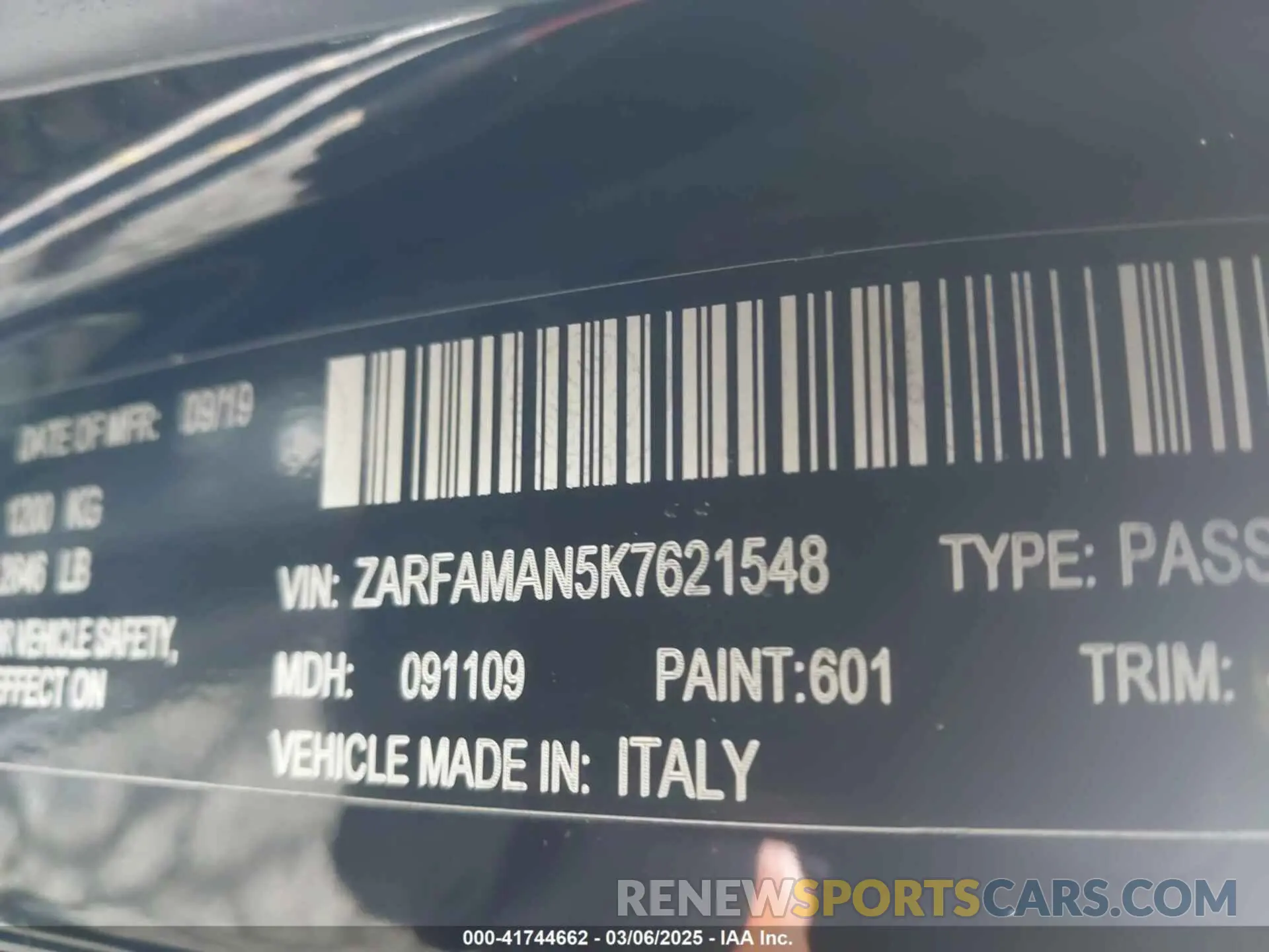 9 fotografías del automóvil dañado ZARFAMAN5K7621548 ALFA ROMEO GIULIA 2019