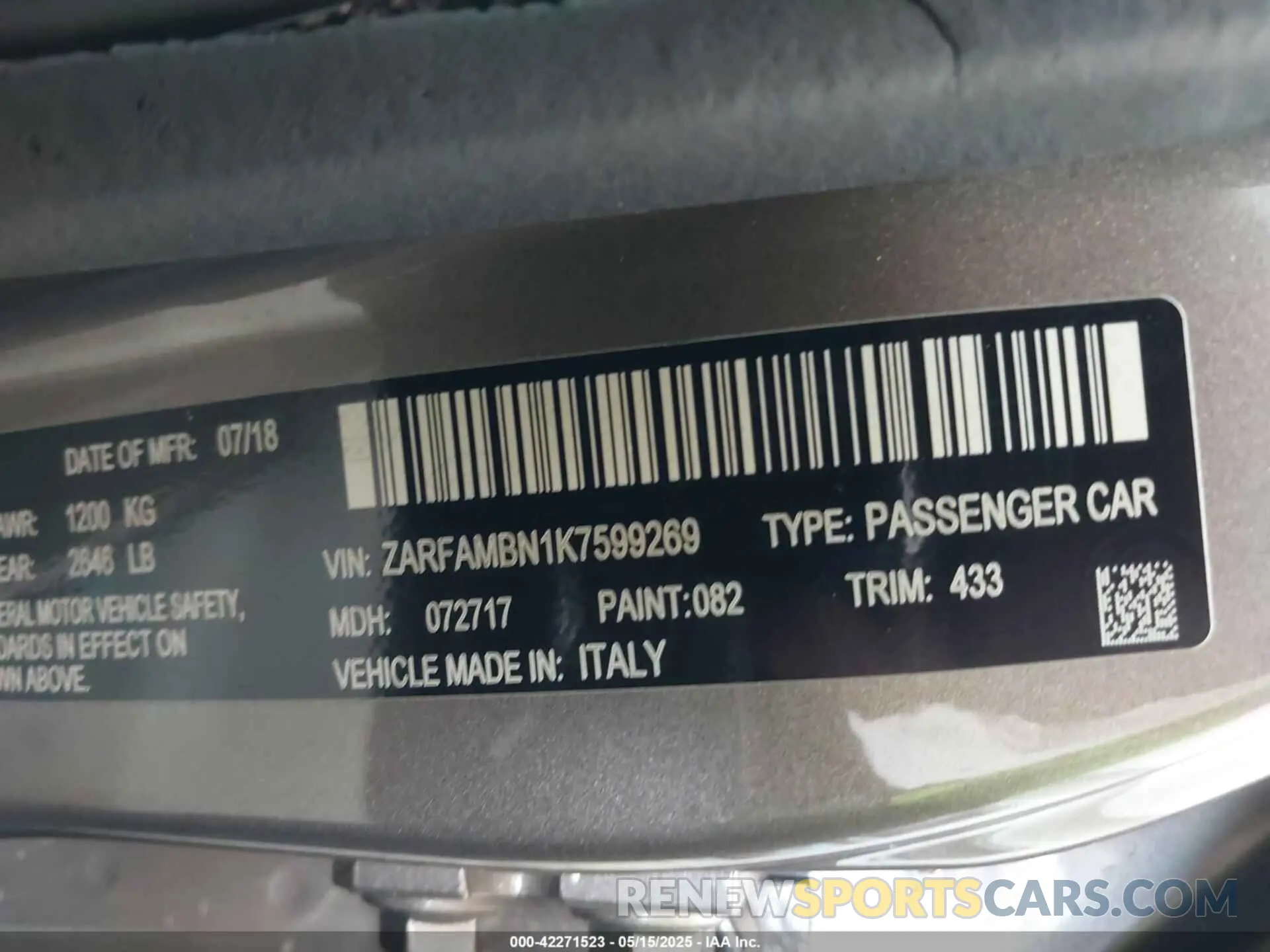 9 fotografías del automóvil dañado ZARFAMBN1K7599269 ALFA ROMEO GIULIA 2019