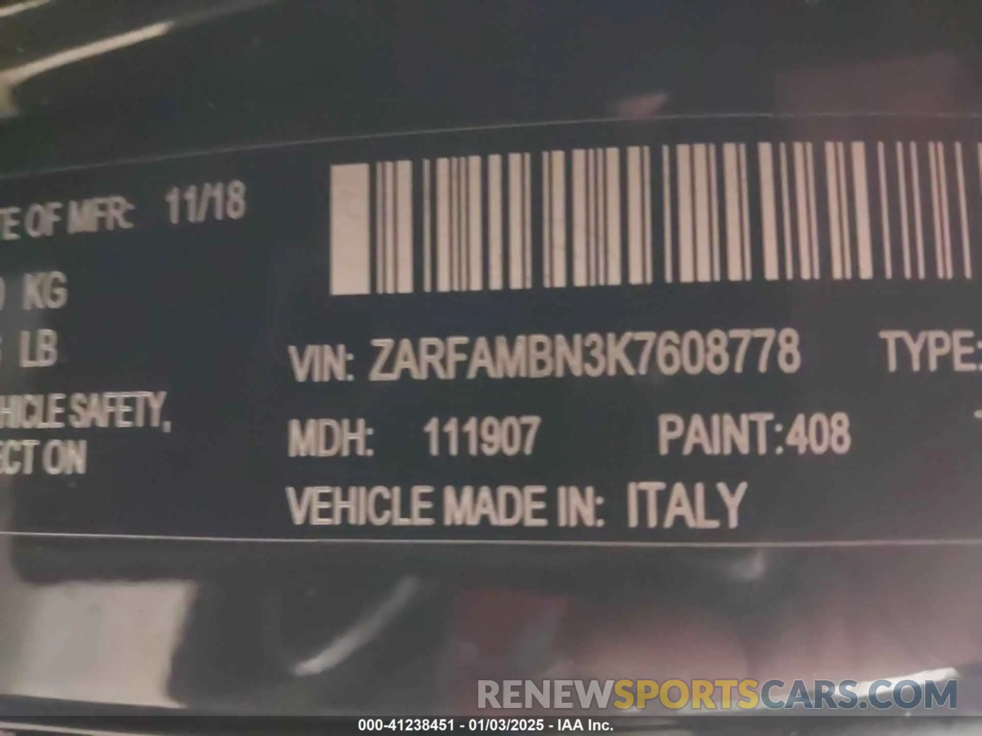 9 fotografías del automóvil dañado ZARFAMBN3K7608778 ALFA ROMEO GIULIA 2019