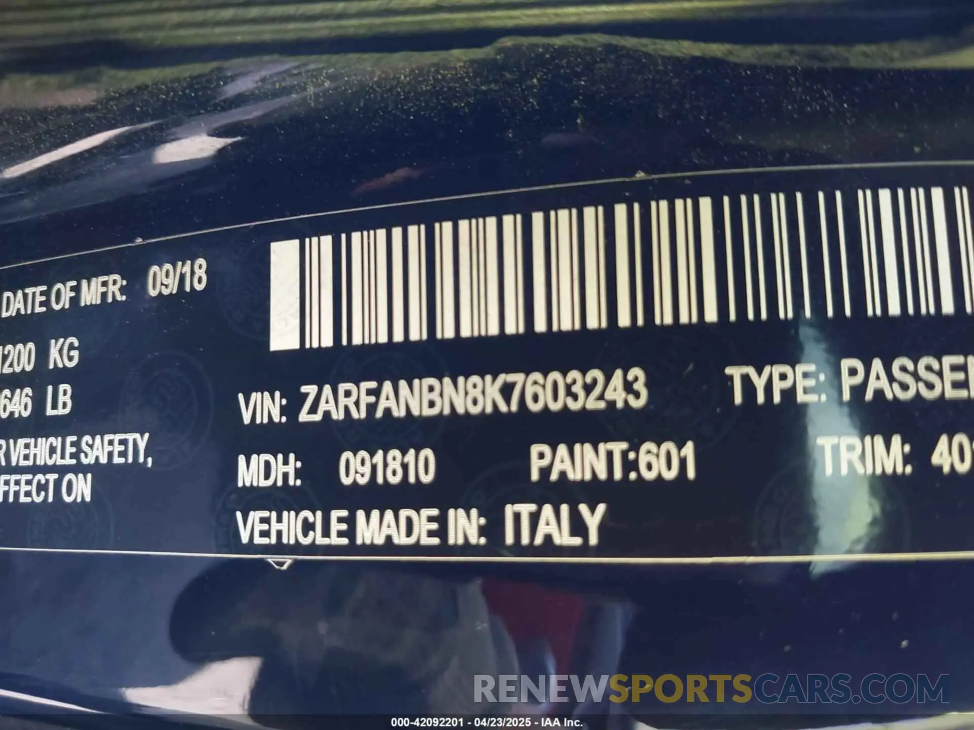 9 fotografías del automóvil dañado ZARFANBN8K7603243 ALFA ROMEO GIULIA 2019