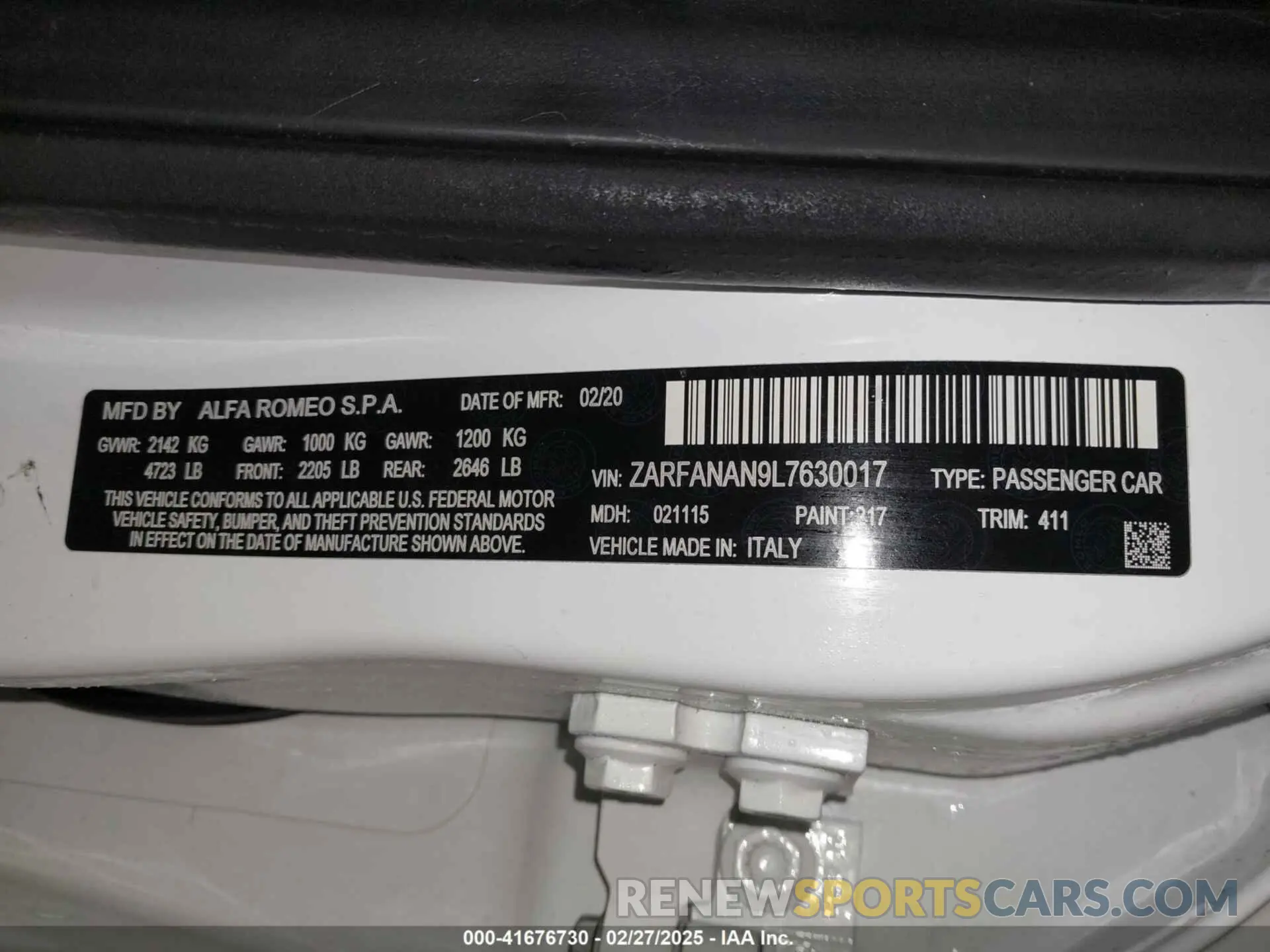 9 fotografías del automóvil dañado ZARFANAN9L7630017 ALFA ROMEO GIULIA 2020