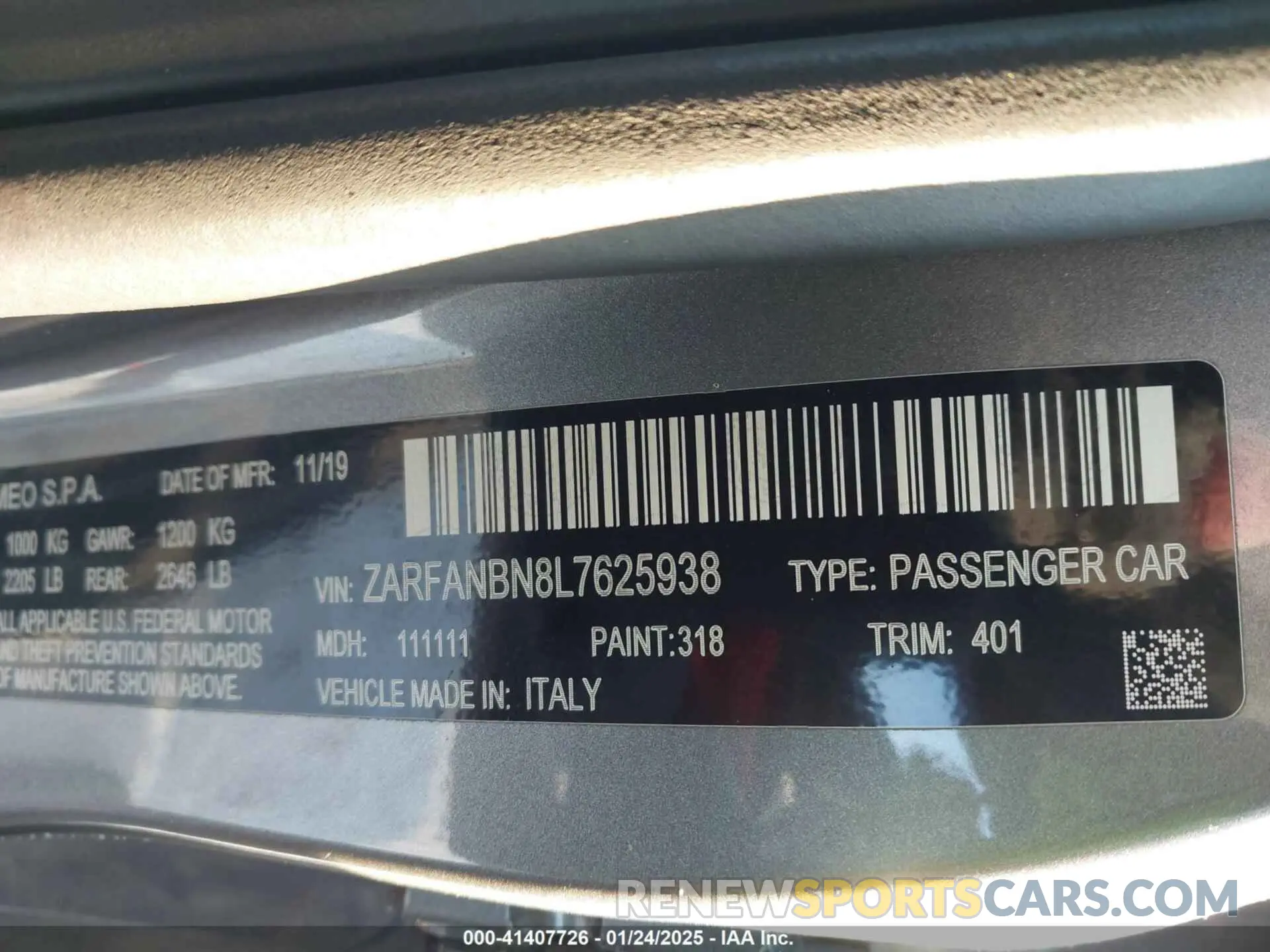 9 fotografías del automóvil dañado ZARFANBN8L7625938 ALFA ROMEO GIULIA 2020