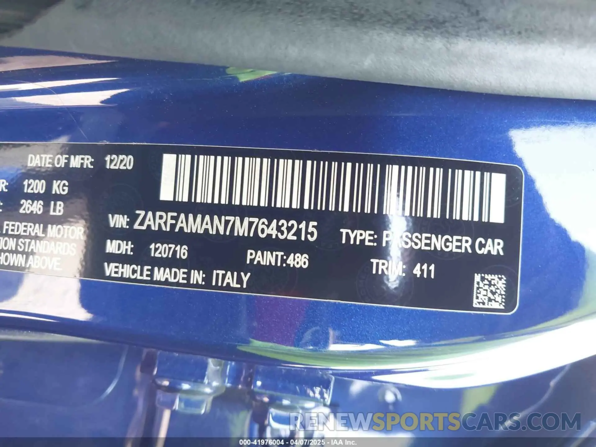 9 fotografías del automóvil dañado ZARFAMAN7M7643215 ALFA ROMEO GIULIA 2021