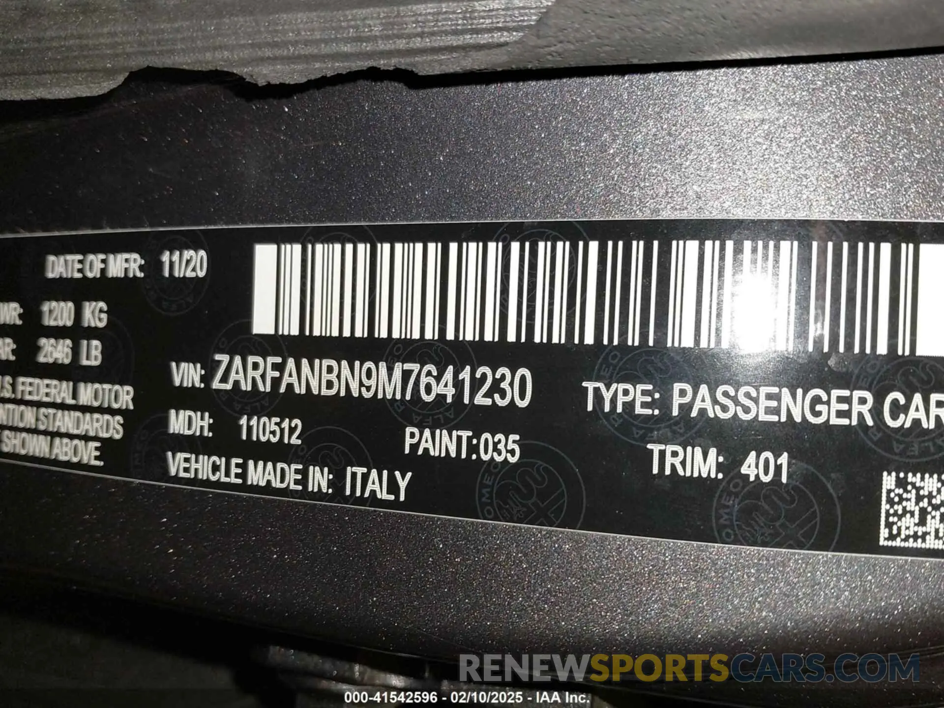 9 fotografías del automóvil dañado ZARFANBN9M7641230 ALFA ROMEO GIULIA 2021