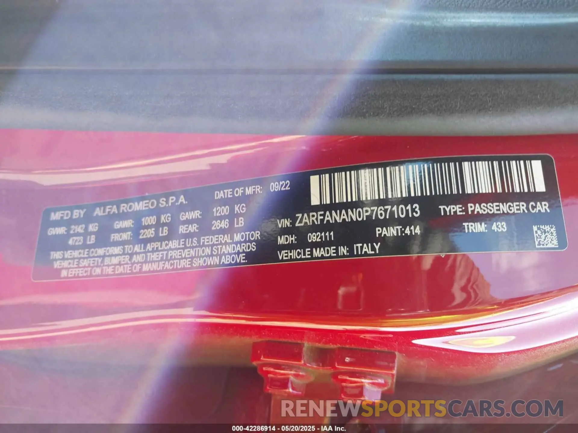 9 fotografías del automóvil dañado ZARFANAN0P7671013 ALFA ROMEO GIULIA 2023
