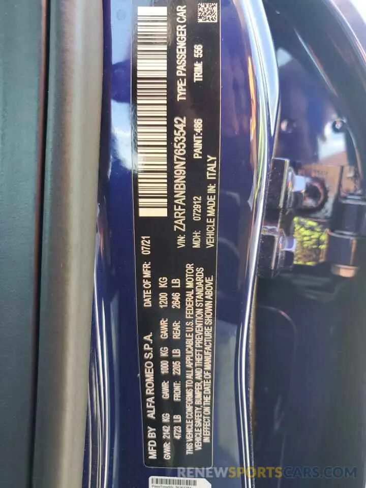 13 fotografías del automóvil dañado ZARFANBN9N7653542 ALFA ROMEO GIULIA SUP 2022