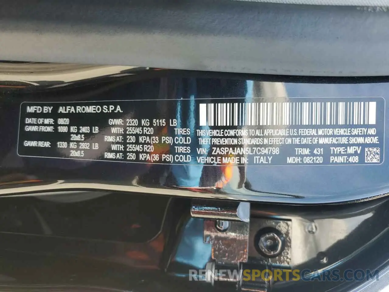 12 fotografías del automóvil dañado ZASPAJAN5L7C94798 ALFA ROMEO STELVIO 2020