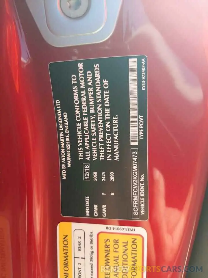 10 fotografías del automóvil dañado SCFRMFCW2KGM07473 ASTON MARTIN ALL MODELS 2019