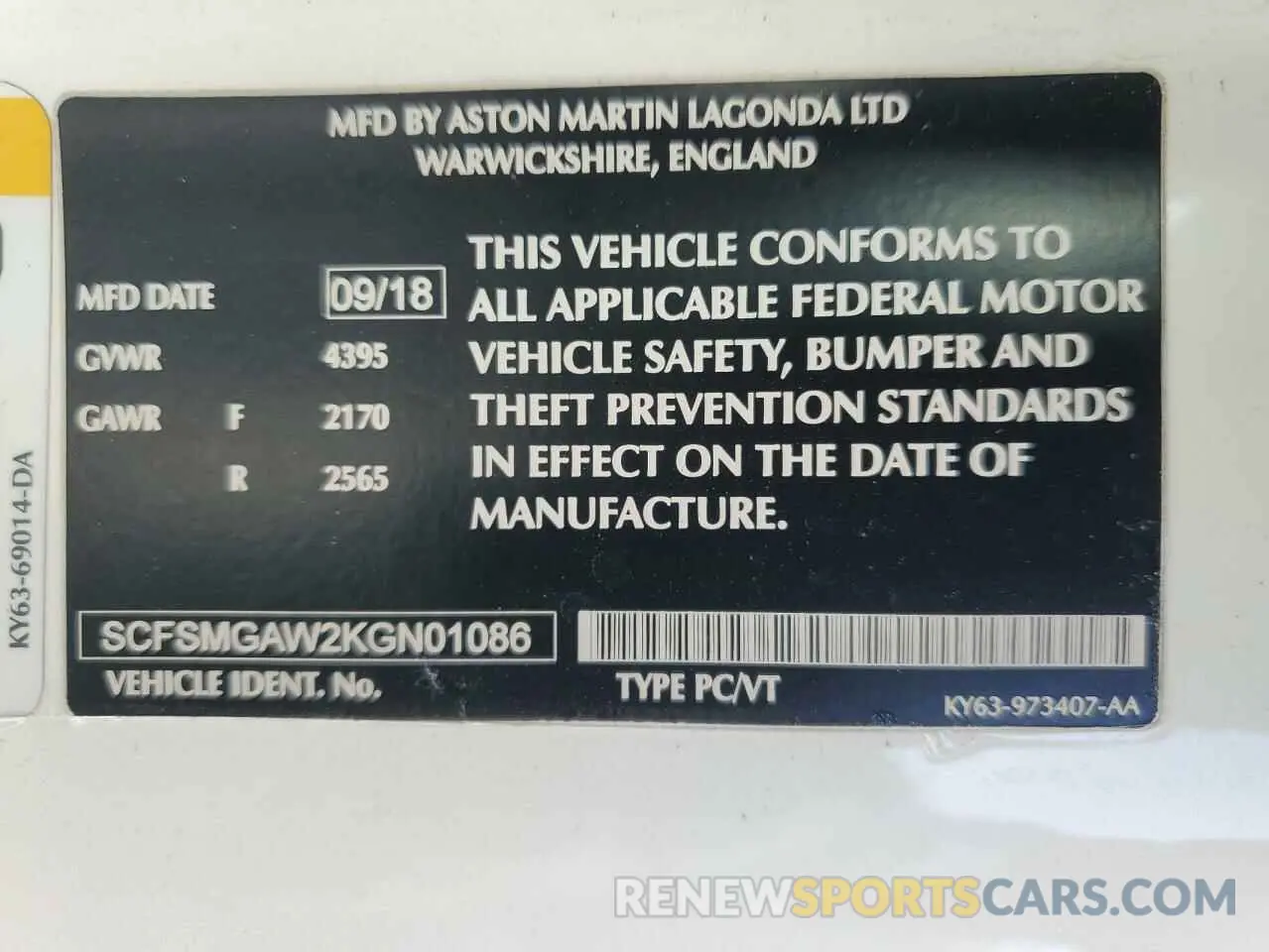 12 fotografías del automóvil dañado SCFSMGAW2KGN01086 ASTON MARTIN ALL MODELS 2019