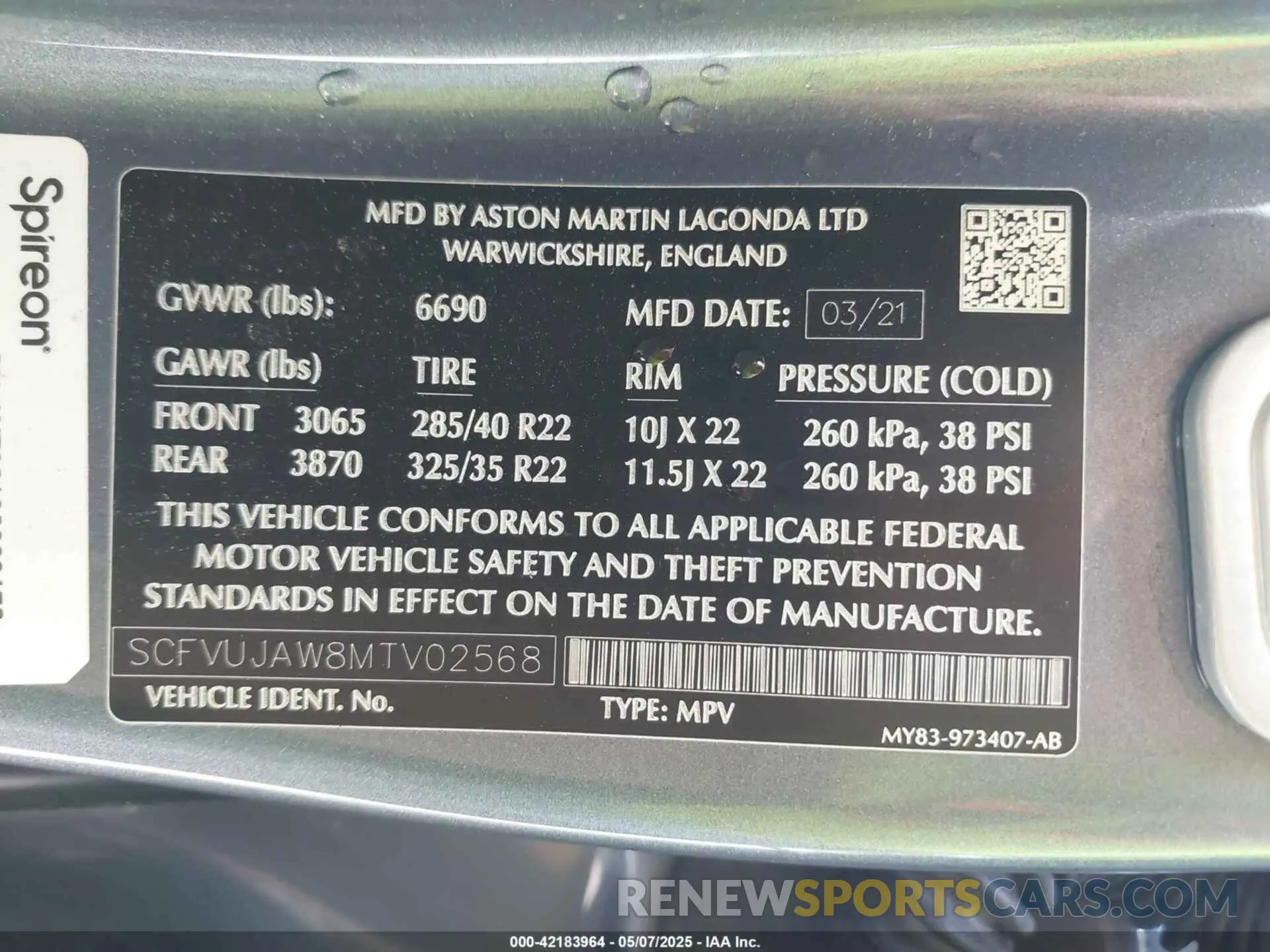 9 fotografías del automóvil dañado SCFVUJAW8MTV02568 ASTON MARTIN DBX 2021