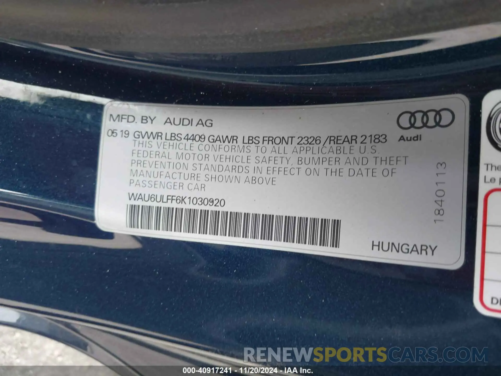 9 fotografías del automóvil dañado WAU6ULFF6K1030920 AUDI A3 2019