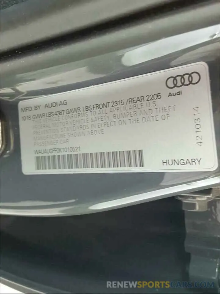 10 fotografías del automóvil dañado WAUAUGFF0K1010521 AUDI A3 2019