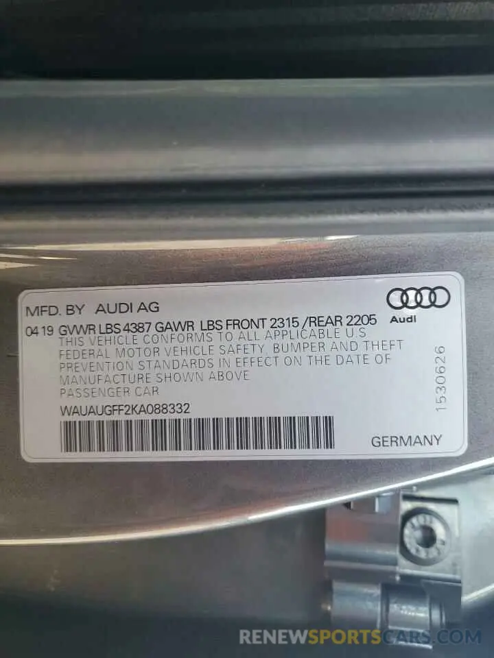 12 fotografías del automóvil dañado WAUAUGFF2KA088332 AUDI A3 2019
