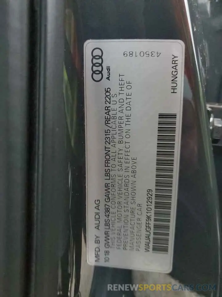 10 fotografías del automóvil dañado WAUAUGFF9K1012929 AUDI A3 2019
