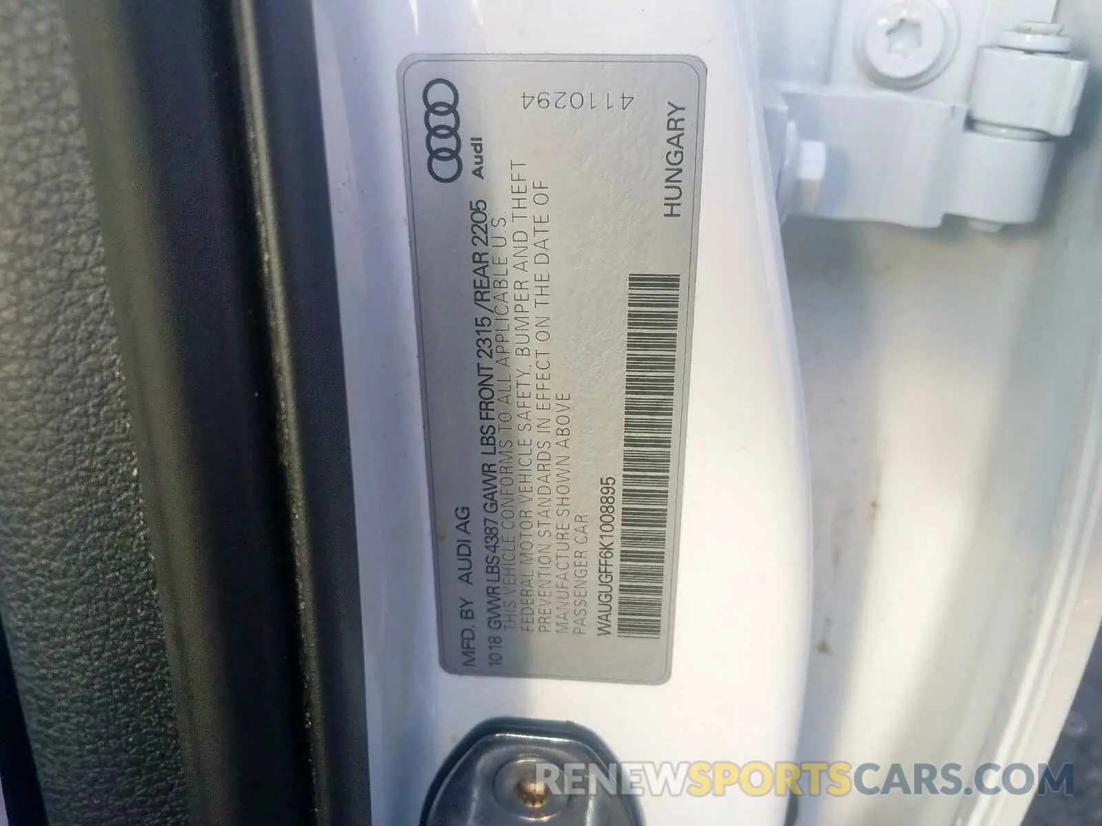 10 fotografías del automóvil dañado WAUGUGFF6K1008895 AUDI A3 2019