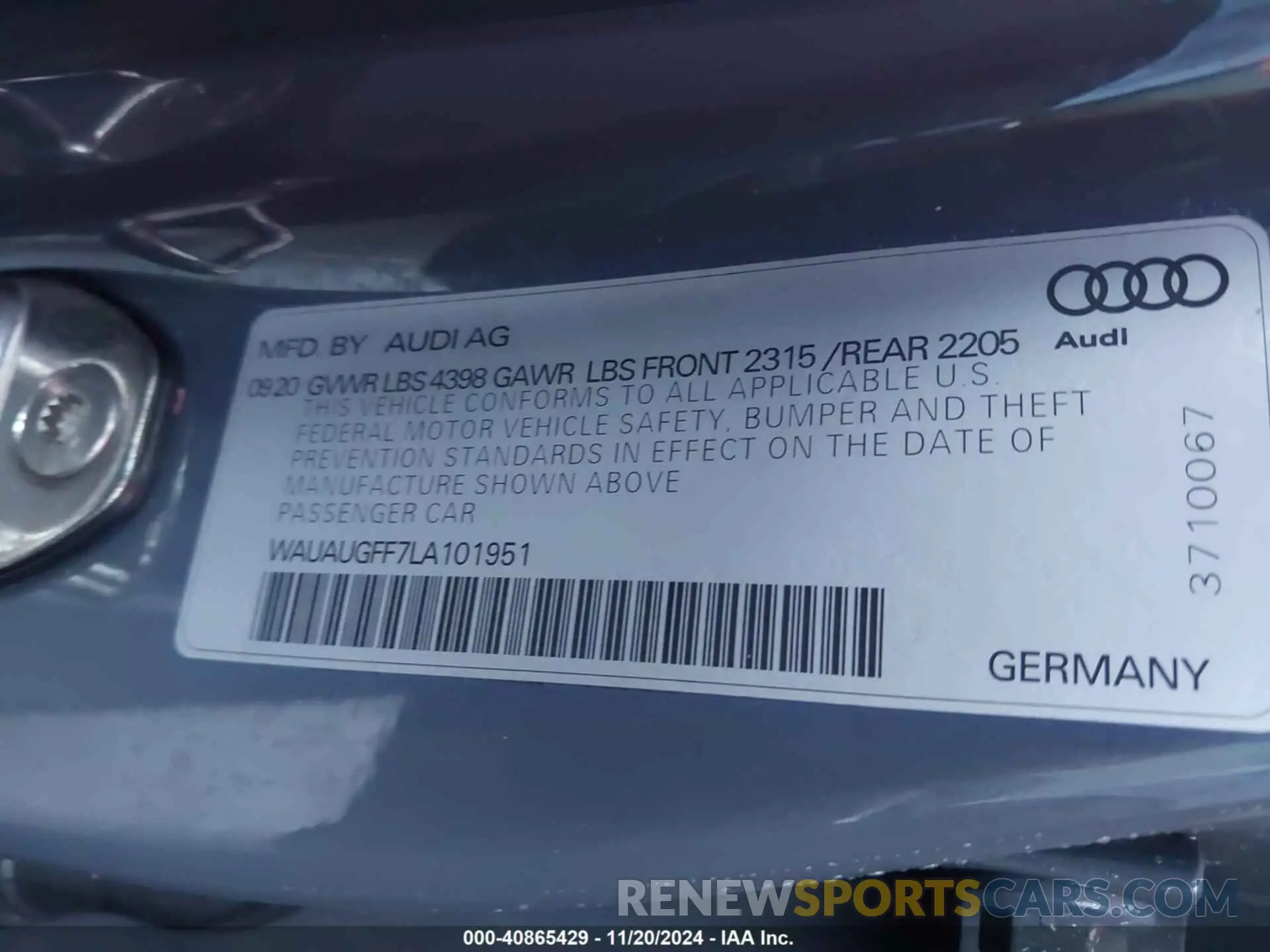9 fotografías del automóvil dañado WAUAUGFF7LA101951 AUDI A3 2020